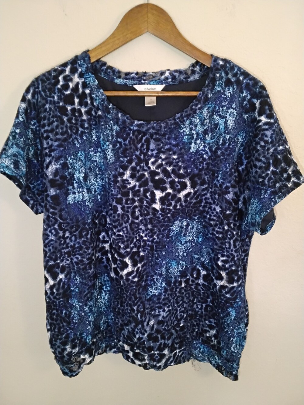 CJ Banks Mesh Lace Top Womens 1X Blue Grey Leopard Floral Abstract Lined Blouse